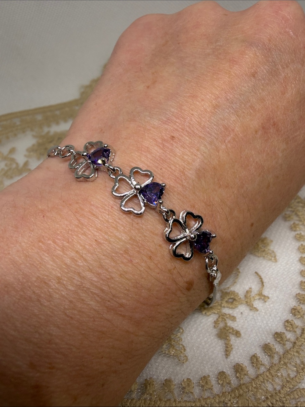 S925 Created Amethyst Heart Clover Bracelet Double Chain Adjustable to 8”